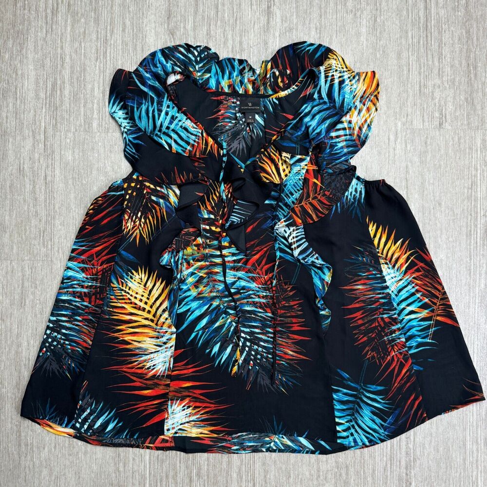 Worthington Womens Blouse M Ruffle Collar Sleeves Tropical Floral Beach Tie Up